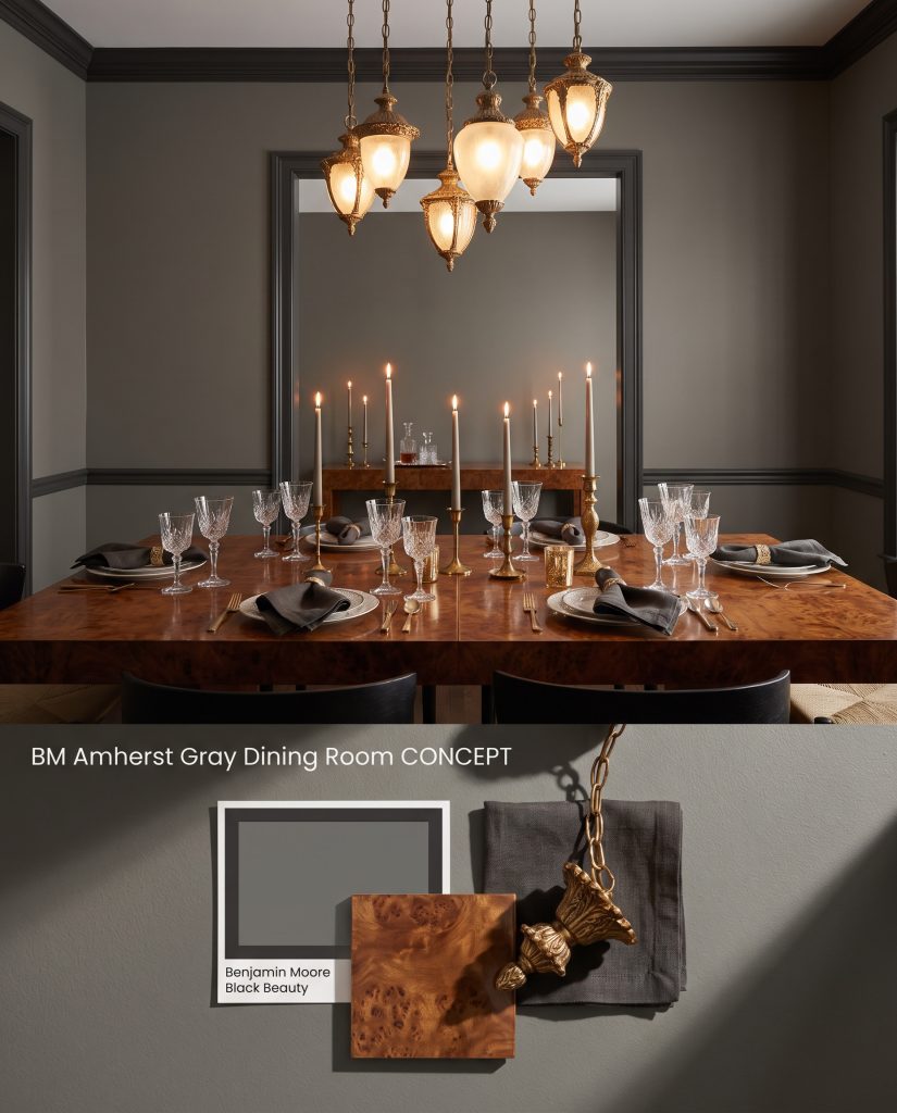 A dual-section conceptual board displaying a dramatic dark gray dining room above a tactile arrangement of burl wood and antique gold.