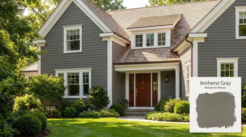 A solid mahogany front door and natural cedar shingle roof accent a stately home exterior finished in Amherst Gray (Hex #757670).