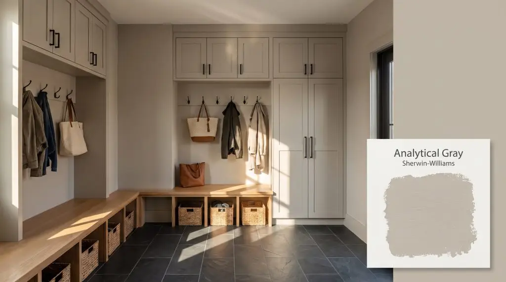 Built-in cabinetry, slate tile flooring, and natural wood bench seating anchor this sophisticated mudroom showcasing Sherwin-Williams Analytical Gray (Hex #BFB6A7).