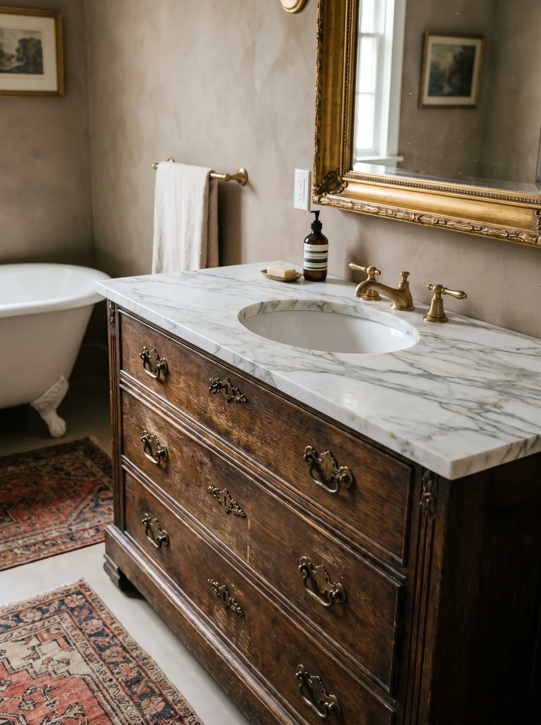 A thick slab of honed Arabescato marble tops a repurposed antique wooden dresser vanity equipped with a white ceramic undermount sink and unlacquered brass widespread faucets.