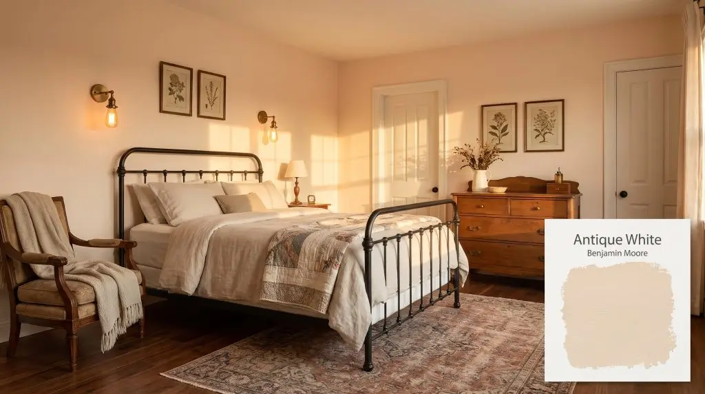 Antique brass wall sconces and a wrought iron bed frame furnish a cozy bedroom painted in Benjamin Moore OC-83 (Hex #F2E5D3).
