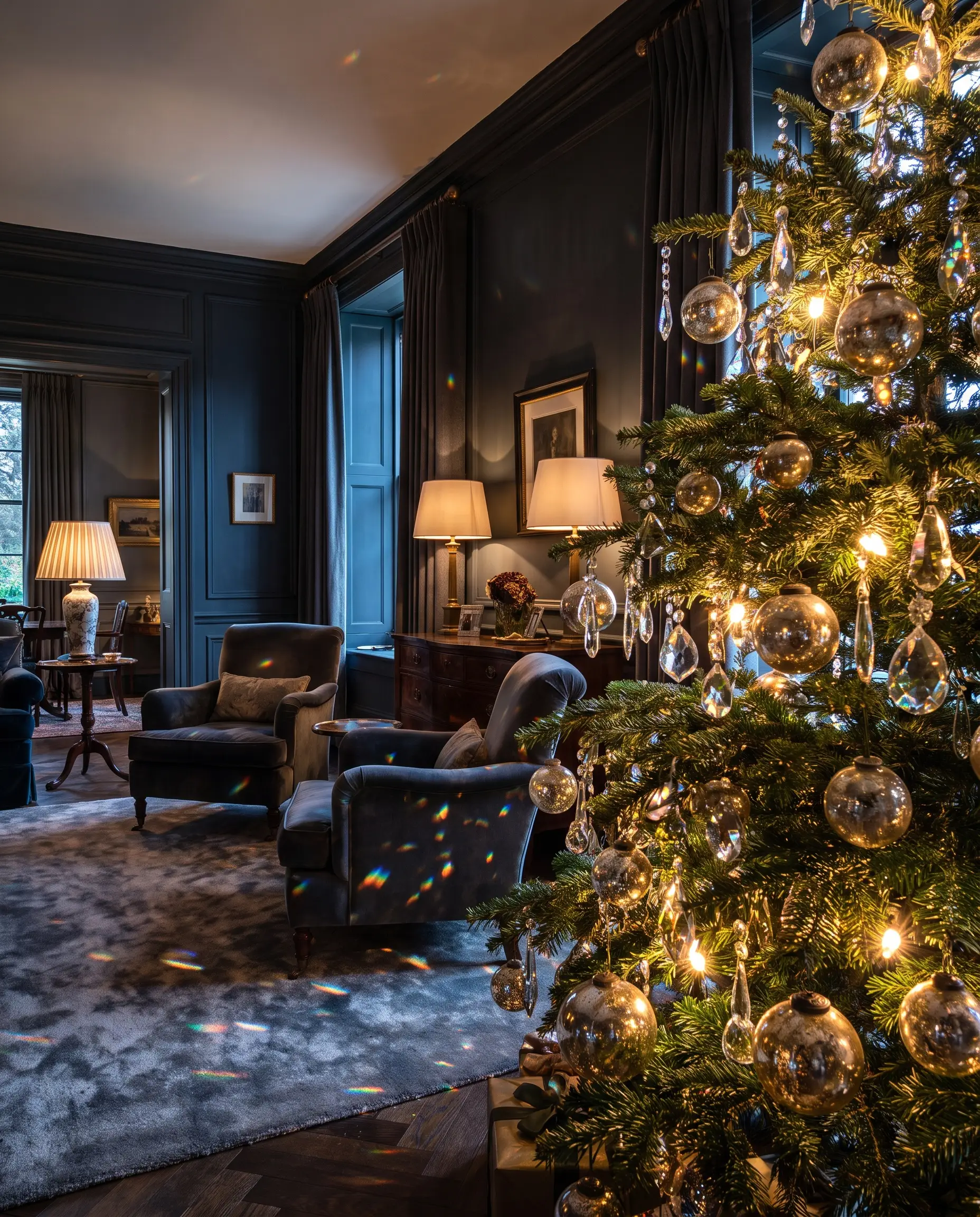 Addobbi in vetro mercurizzato antichizzato e pendenti in cristallo sfaccettato all'interno delle fronde dell'albero di Natale in un soggiorno dalle tinte scure.