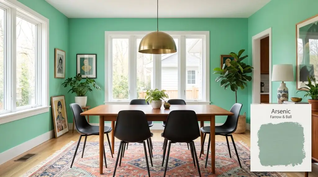 Matte black chairs surround a mid-century modern teak dining table against vivid mint green walls painted in Farrow & Ball 214 (Hex #83b49d).