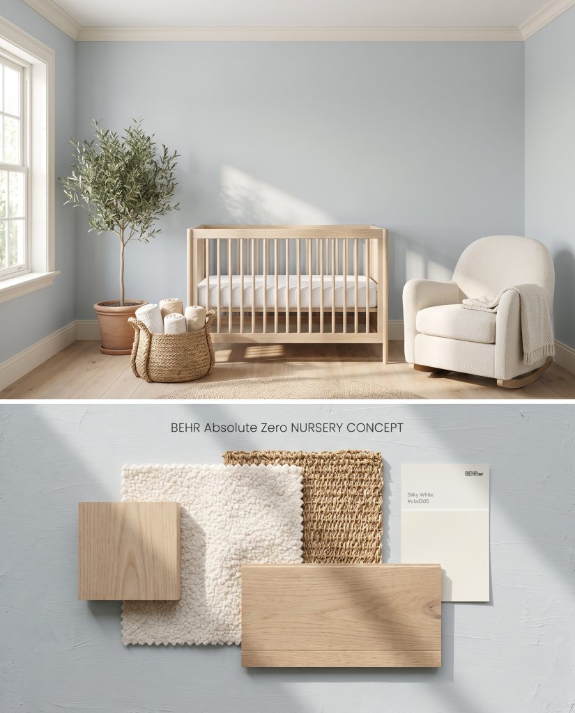 Split digital conceptual layout featuring a calming nursery painted in a soft gray-blue over a textured base with white oak and woven seagrass.
