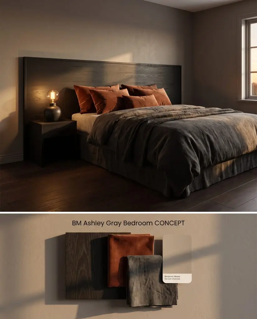 A conceptual composite visualization featuring a moody taupe bedroom bathed in sunset glow, positioned over ebonized oak and rust velvet physical samples.