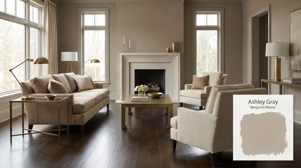 Tailored linen furniture and a sleek limestone fireplace anchor a transitional living space coated in Ashley Gray (Hex #A59A8D).