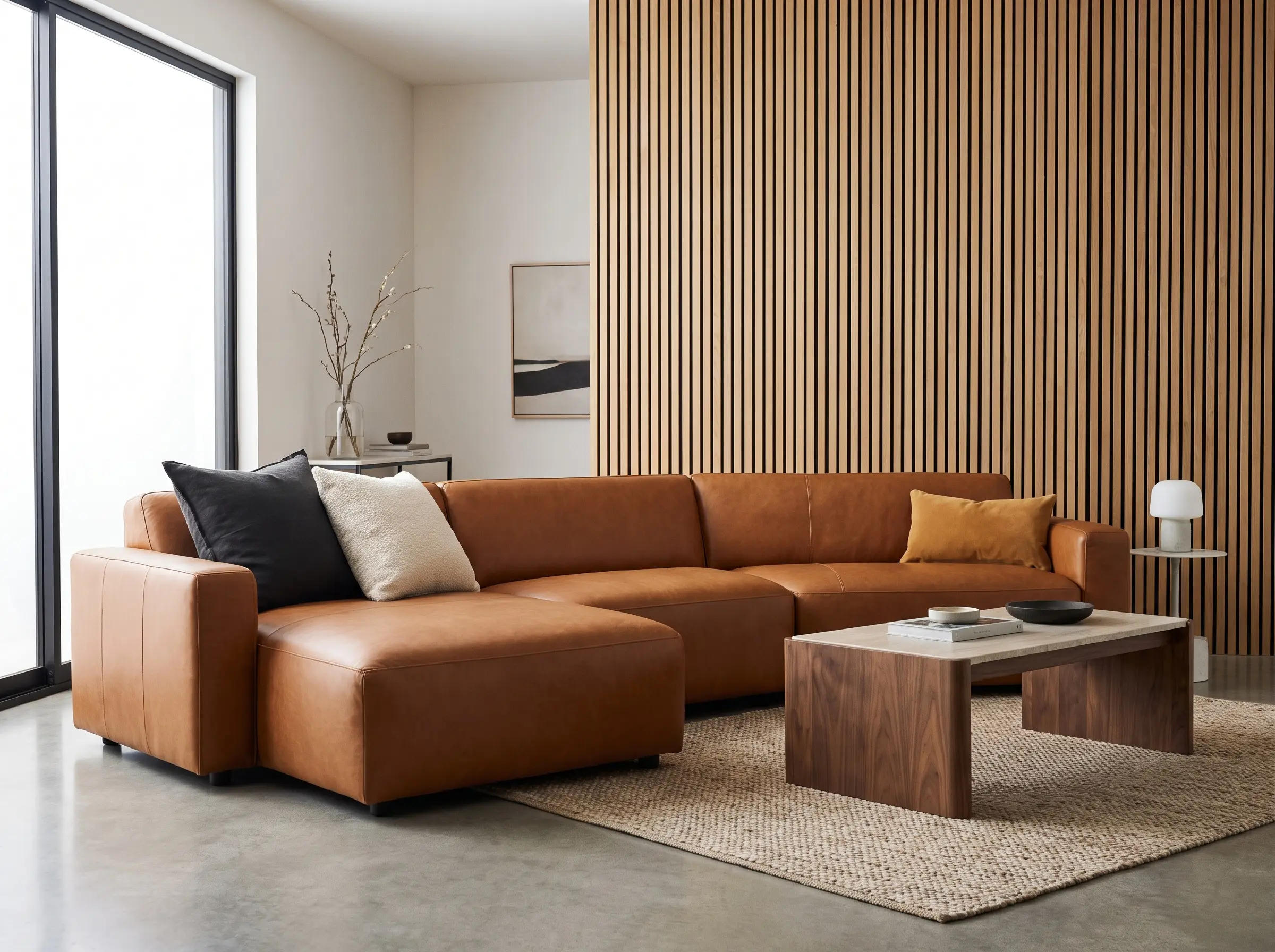 A dark linen cushion and bouclé pillow sit on the left armrest, balanced by a contrasting suede lumbar on the right of the sofa.