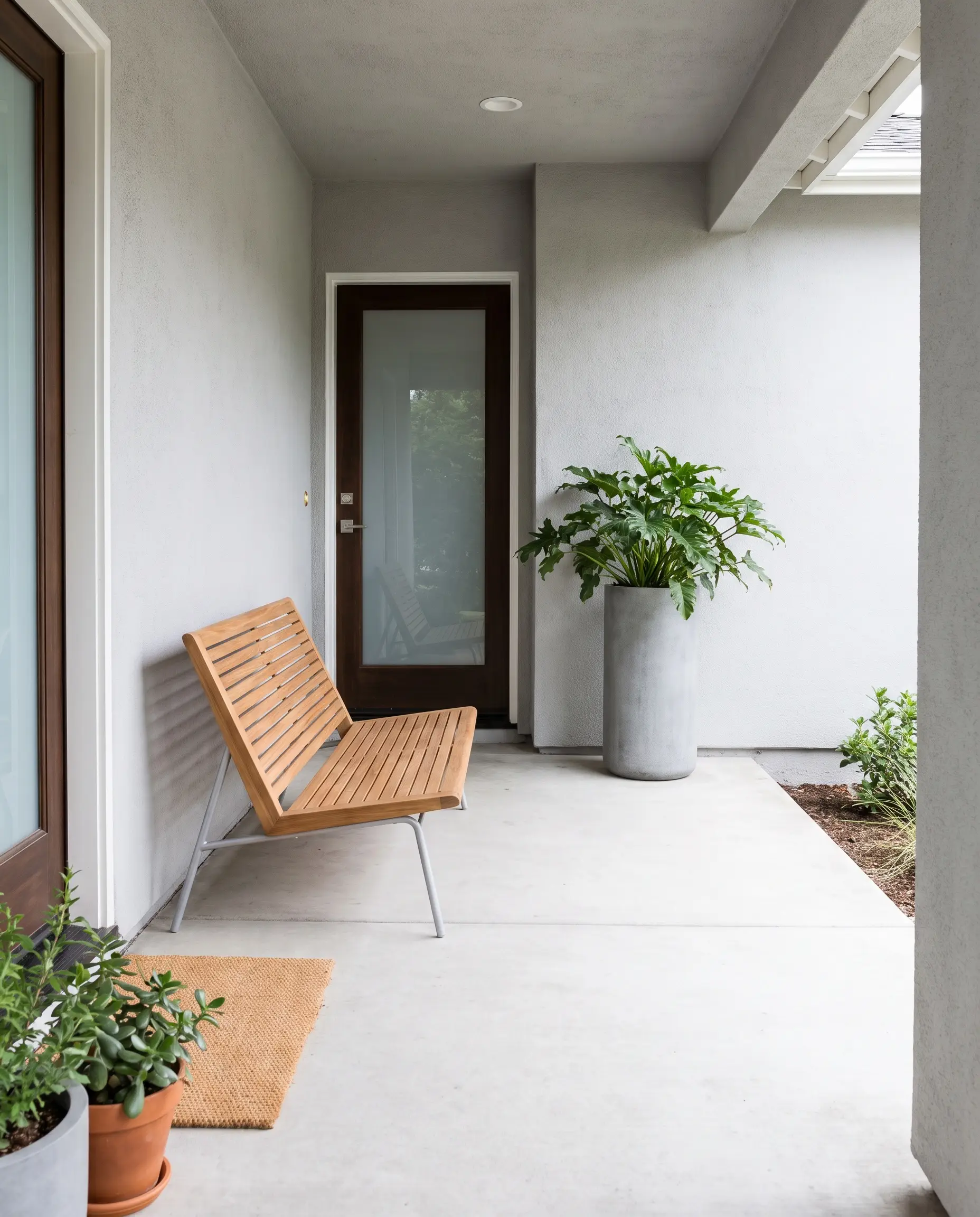 Small front porch layouts utilizing an asymmetrical seating arrangement with a slatted teak lounge chair, powder-coated aluminum framing, and a towering concrete planter.
