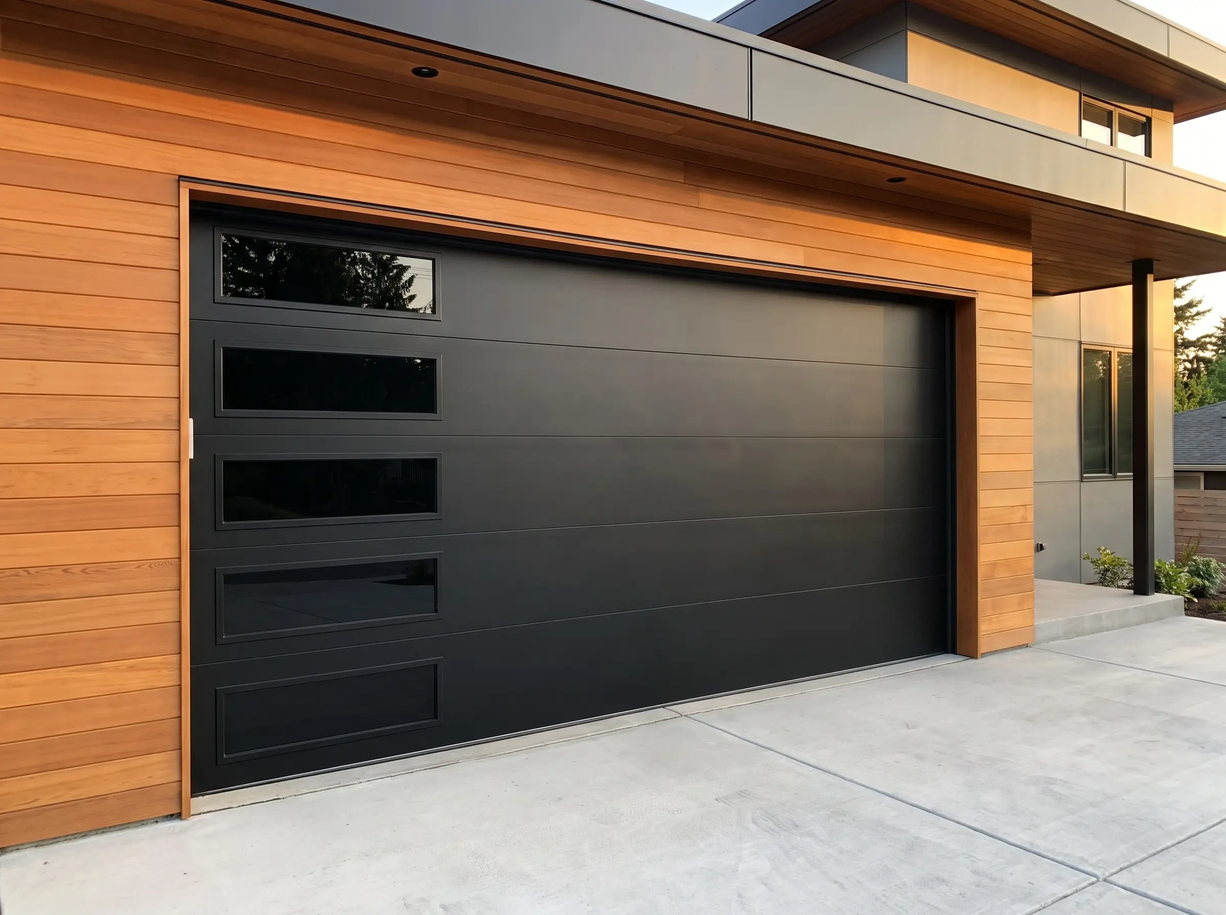 A contemporary matte black garage door features an asymmetrical vertical stack of five narrow black-tinted rectangular tempered glass windows framed by warm cedar cladding.