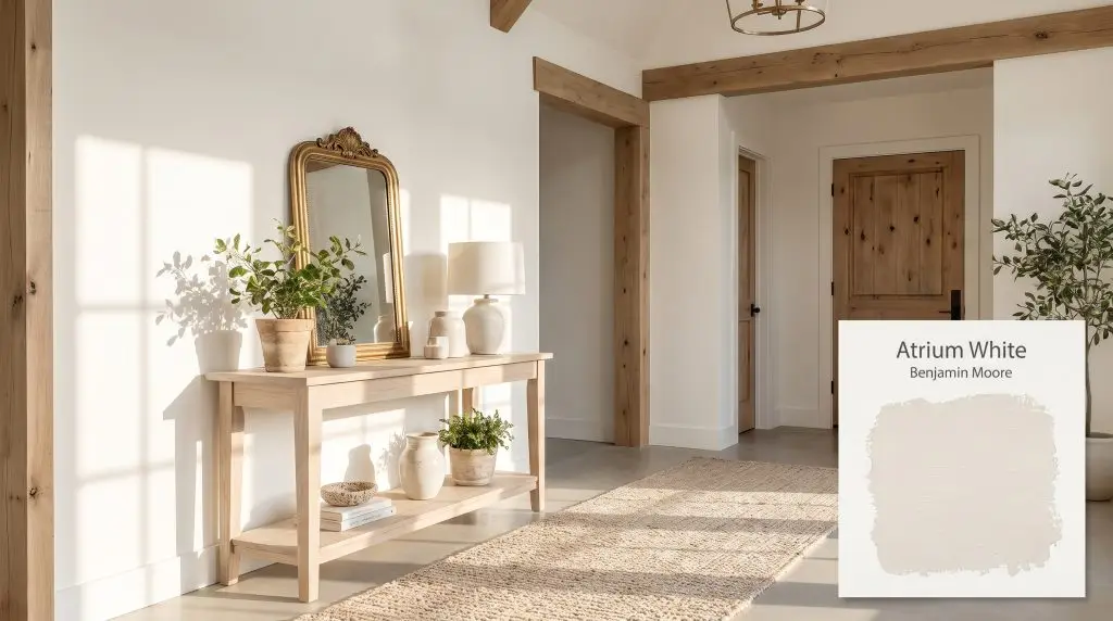 A vintage brass mirror hangs above a light ash wood console table in an entryway painted in Atrium White (Hex #F2EFE8).