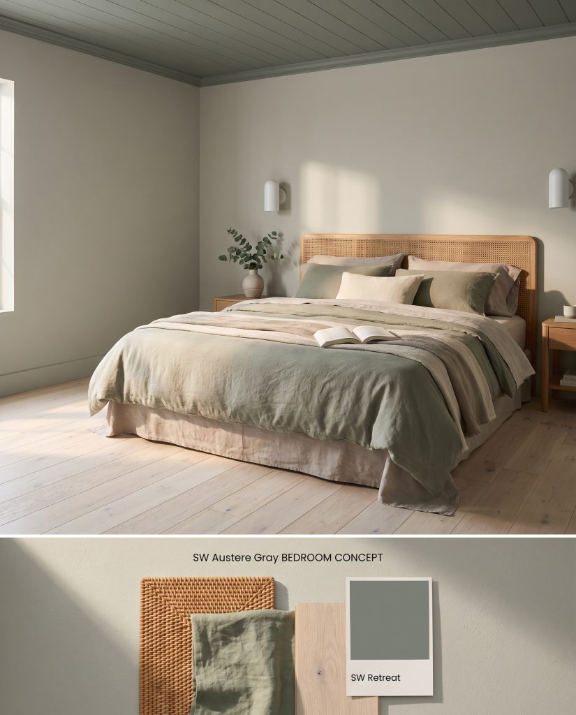 Digital concept board contrasting Austere Gray bedroom walls against a painted paneled ceiling on top, with rattan and cotton samples below.