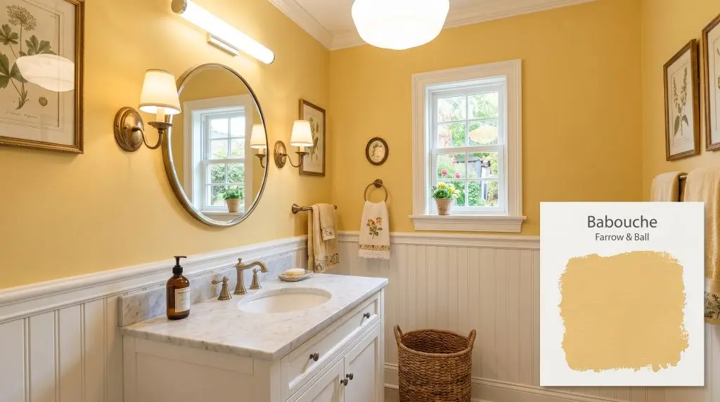 A honed marble vanity and antique brass sconces sit beautifully against classic beadboard and Farrow & Ball Babouche (Hex #e8c266) walls.
