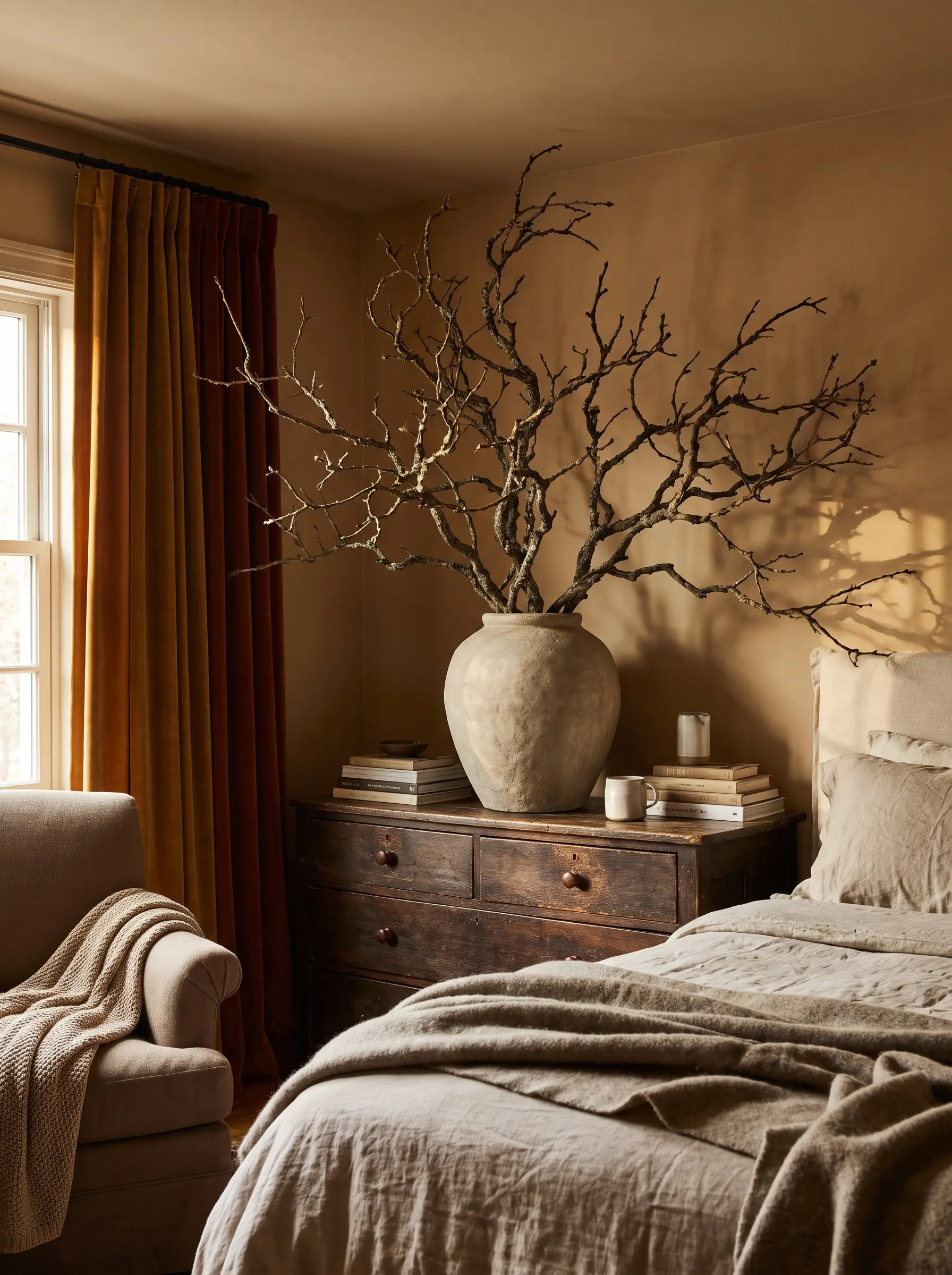 Tall sculptural bare hardwood oak branches rest inside a heavy matte stone vase atop a dresser framed by thick thermal drapes.