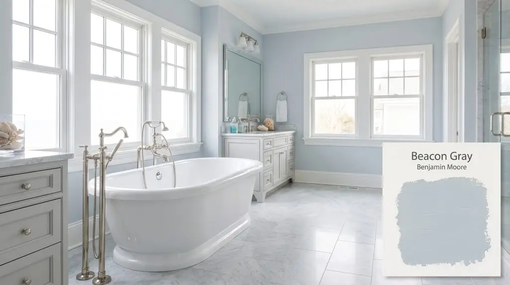 A freestanding white soaking tub and polished nickel fixtures sit on light gray marble tiles beneath Beacon Gray (Hex #CDD7DE) walls.