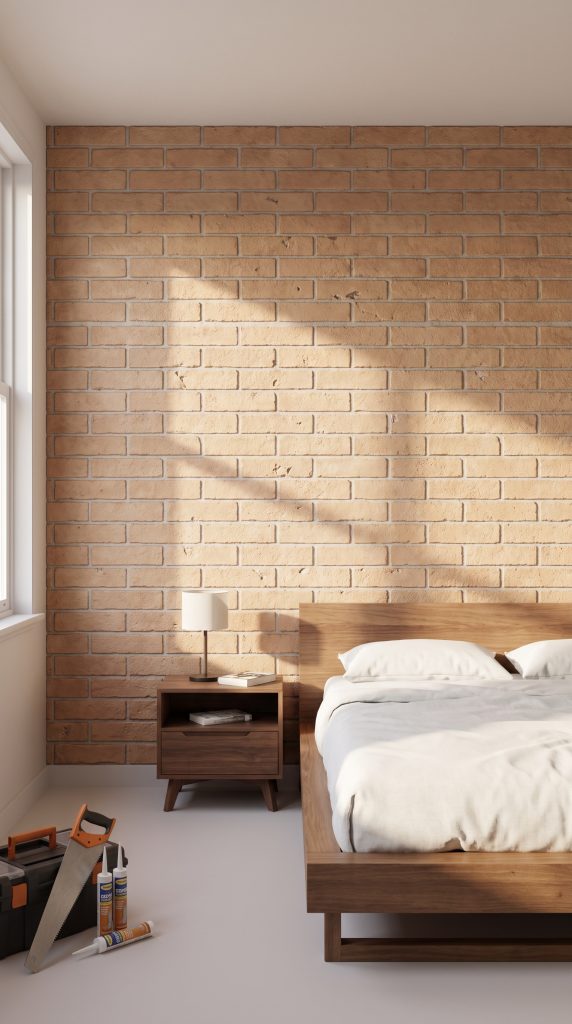A wooden platform bed with crisp white cotton bedding rests against a realistic High-Density Polyurethane faux brick accent wall in a budget DIY bedroom.