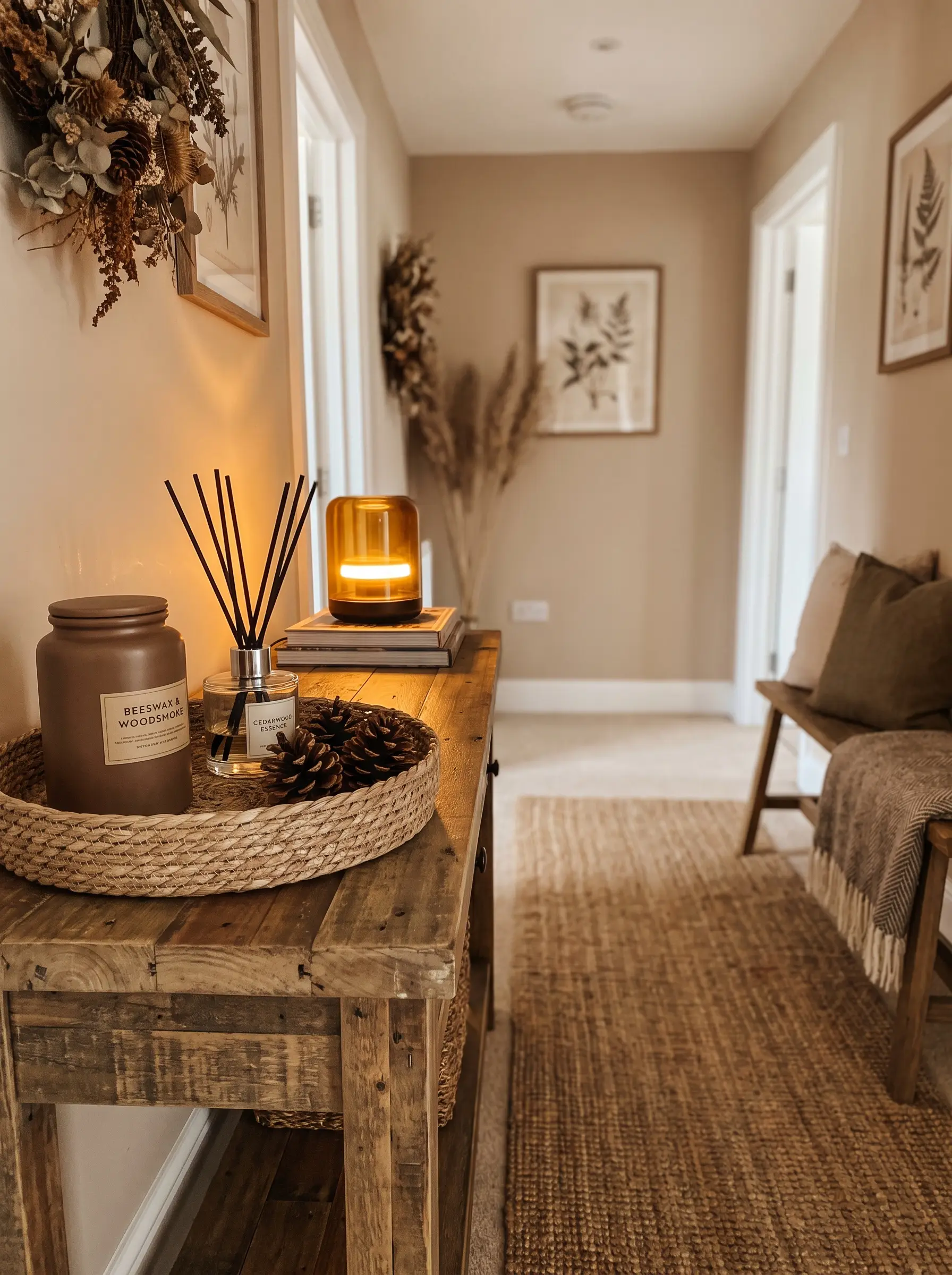 A modest wooden console table displays a beeswax scented candle in a matte ceramic jar, a sleek reed diffuser, and foraged pinecones.
