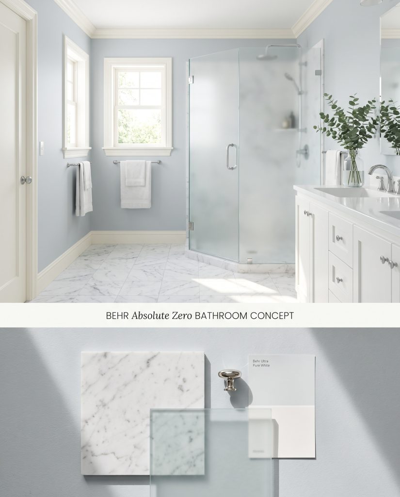 A split digital conceptual board displaying a Behr Absolute Zero bathroom above a tactile flat-lay with Carrara marble and chrome hardware.