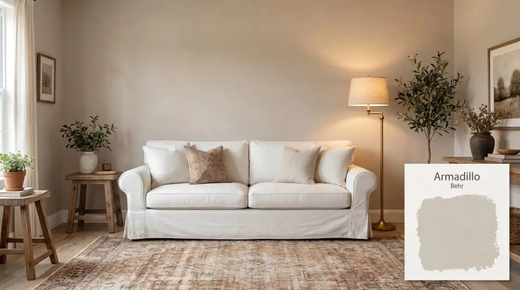 A slipcovered white sofa and vintage distressed rug are anchored by a warm brass floor lamp and a taupe Behr Armadillo (Hex #c8b9ab) wall.