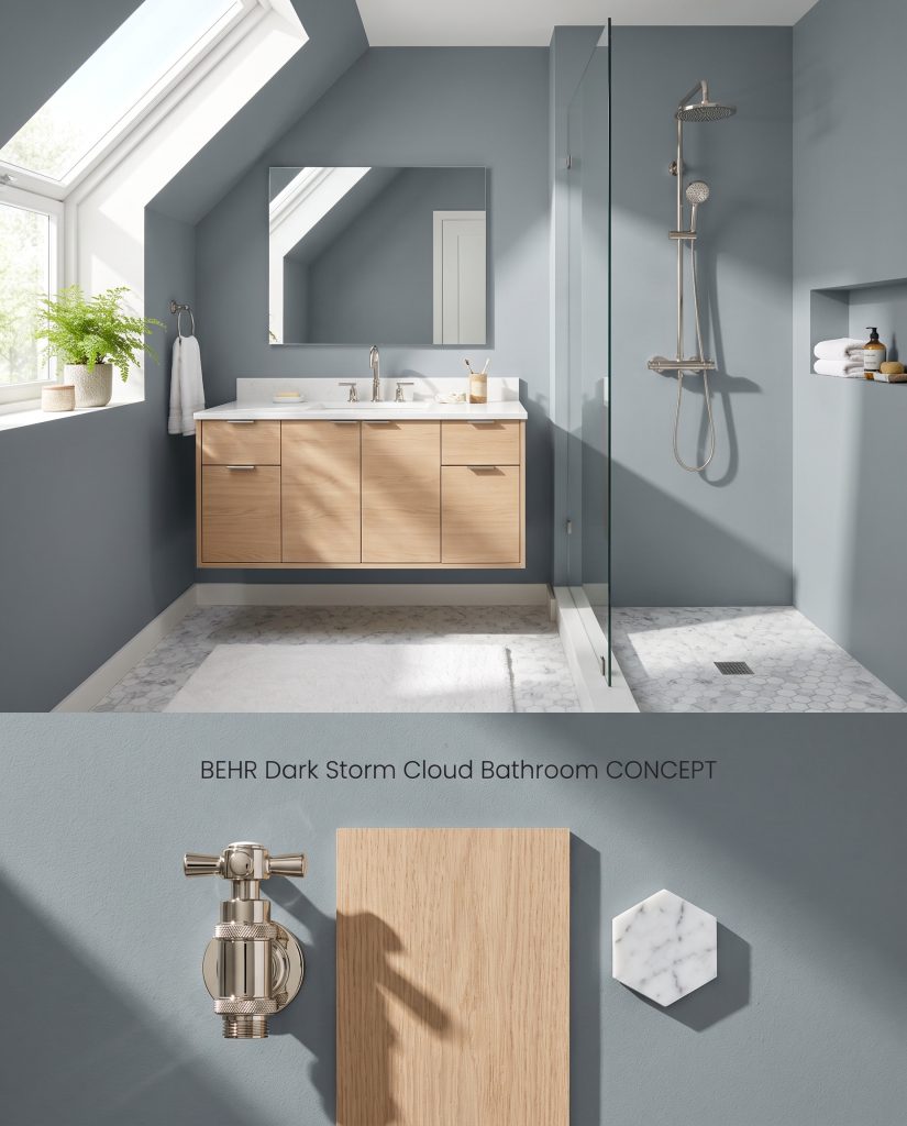 A split digital conceptual board displaying a Behr Dark Storm Cloud bathroom with a white oak vanity above, and a flat-lay of Carrara hex tile below.