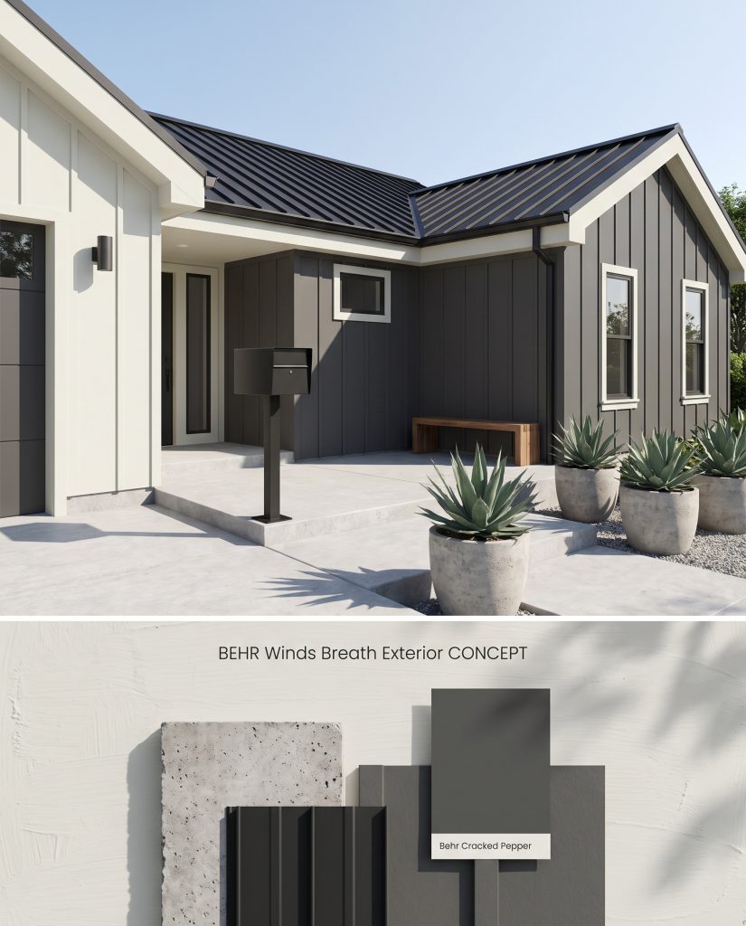 A dual-section conceptual board displaying light greige exterior fascia over a physical flat-lay of poured concrete and black metal roofing.