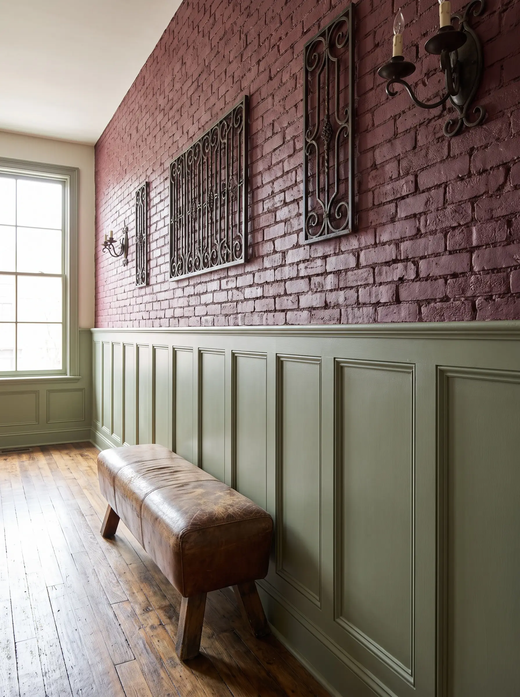 A distressed leather bench sits beneath Behr Laurel Tree wainscoting and an exposed plum-red brick upper wall adorned with wrought iron accents.