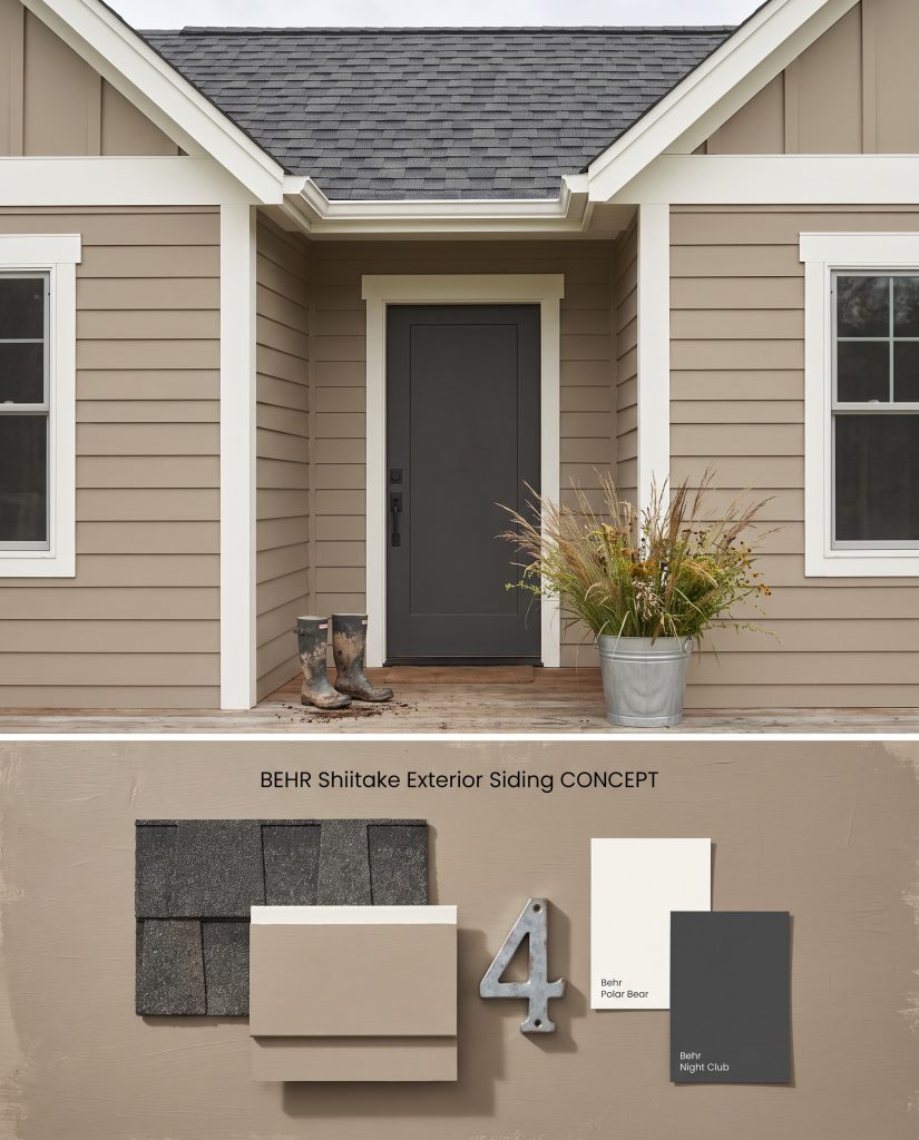 Digital concept board featuring modern craftsman exterior siding on the top, and physical charcoal roofing and galvanized metal swatches below.