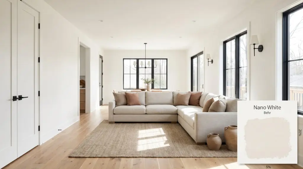 Natural oak hardwood floors and linen upholstery anchor this bright living room, painted in Behr Nano White (Hex #f2f0ea) with matte black hardware.