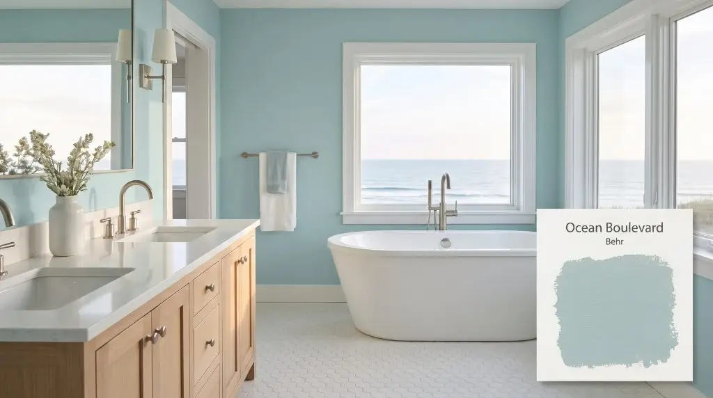 A freestanding white soaking tub and light wood vanity sit against coastal walls painted in Behr Ocean Boulevard (Hex #a4c8c8) alongside brushed nickel fixtures.