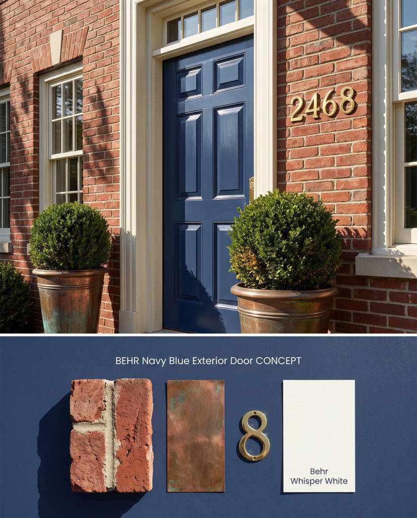 A split conceptual board rendering a traditional brick facade with a dark blue front door on top, and exterior material swatches on the bottom.