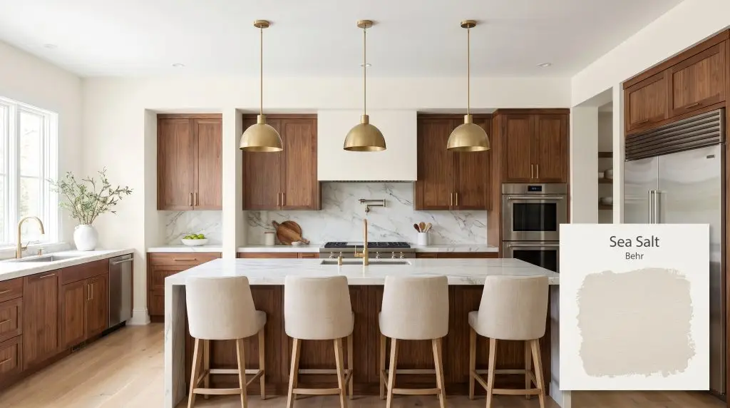Warm walnut cabinetry and white marble countertops pair seamlessly with open-concept kitchen walls finished in Behr Sea Salt (Hex #f1efe3) and matte brass pendants.