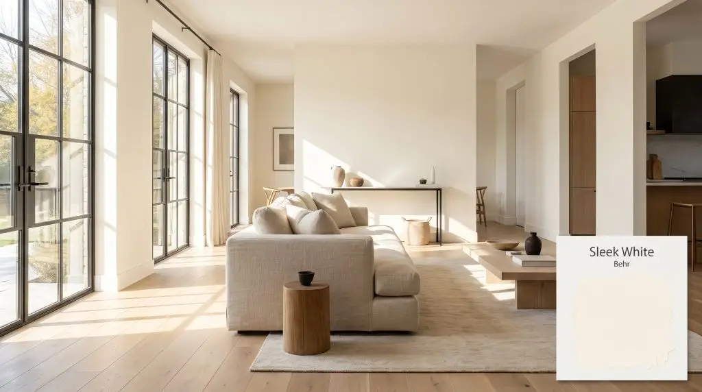 Natural sunlight streams through large steel-framed windows onto a linen sofa and wide plank white oak flooring, framed by walls painted Behr Sleek White (Hex #faf6e9).