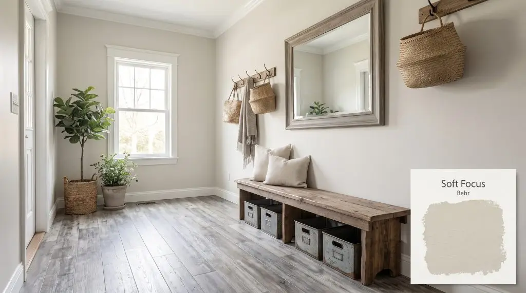 A wooden bench and vintage steel storage bins sit on distressed silver-gray wood flooring against walls finished in Behr Soft Focus (Hex #e4e0d5).