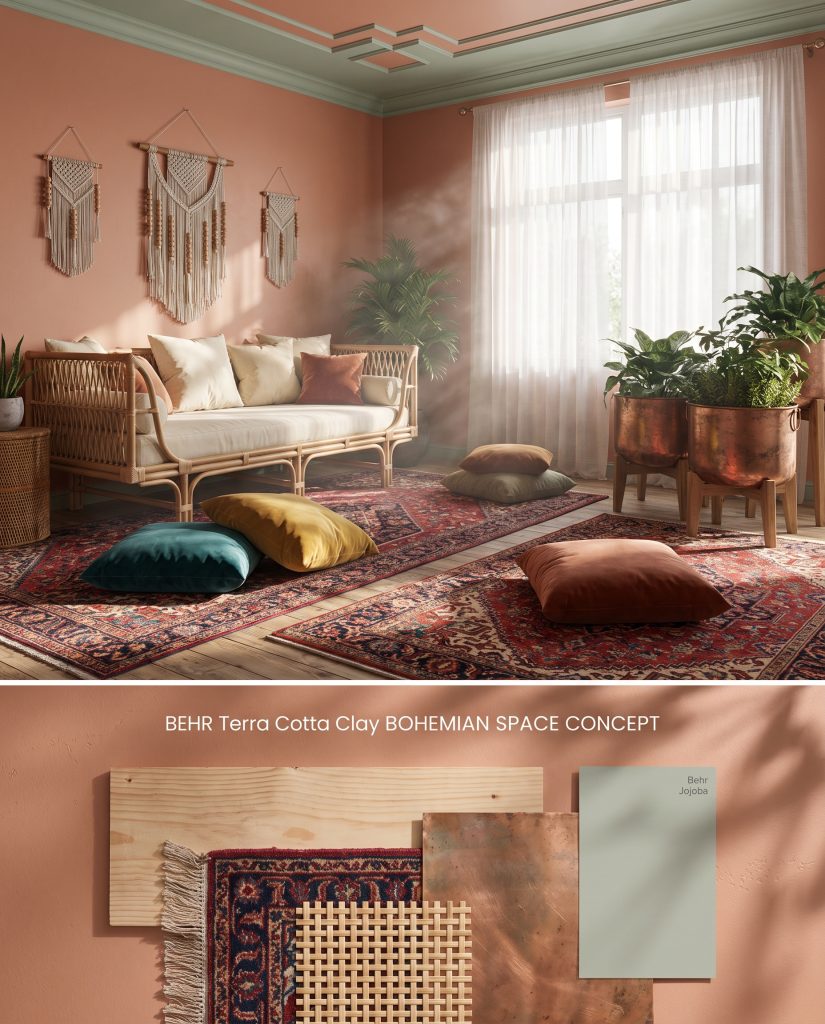 A split conceptual visualization presenting a terracotta bohemian lounge above and a textured material layout including rattan and copper on the bottom.