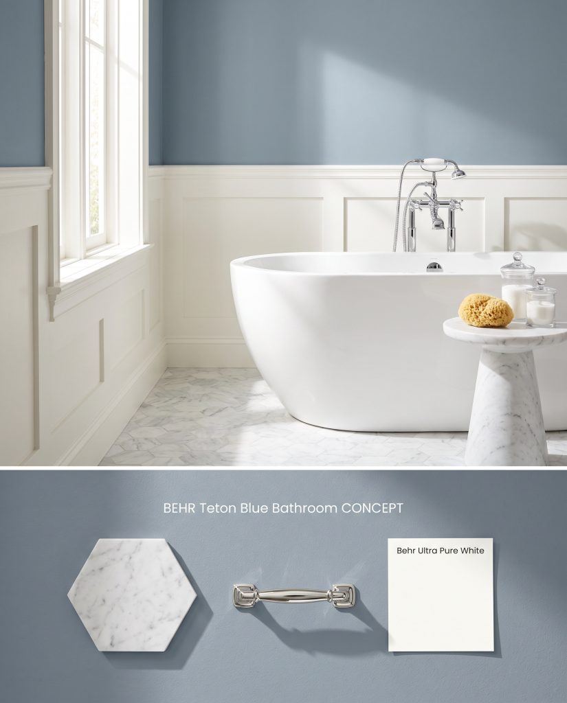 A split digital conceptual board featuring a spa-like bathroom on top and physical Carrara marble and polished chrome materials below.
