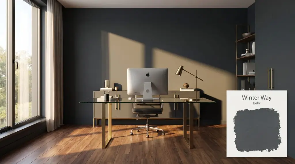 Bright afternoon sunlight illuminates a sleek glass desk and brushed brass fixtures against a dark charcoal Behr Winter Way (Hex #3e474c) wall.