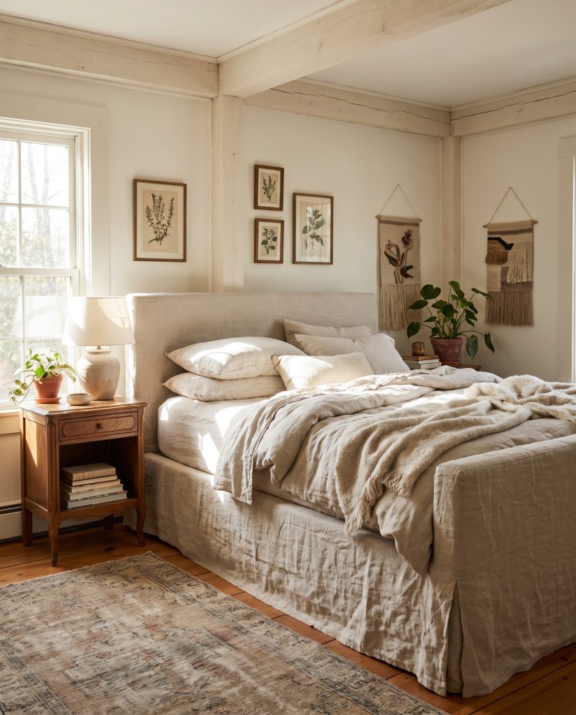 A heavyweight Belgian linen slipcovered bed frame with a skirted base sits next to a vintage wooden nightstand against creamy walls.