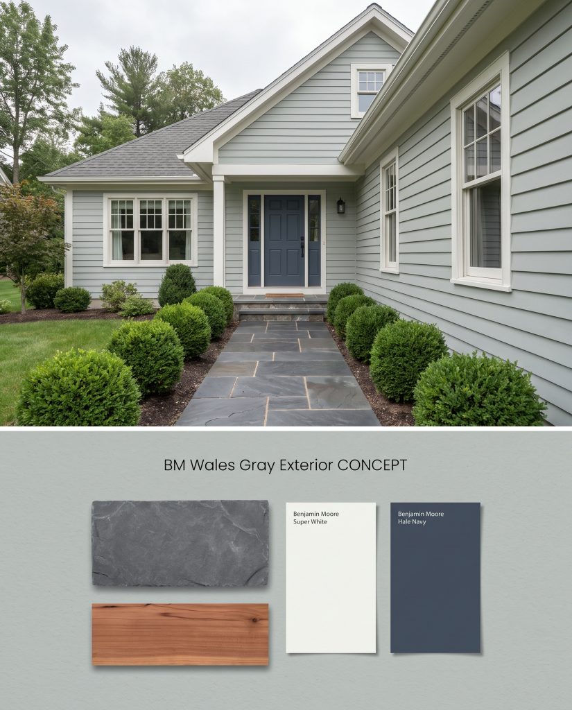 A split digital rendering showing a soft gray-blue home exterior facade above a tactile arrangement of slate stone and cedar wood.