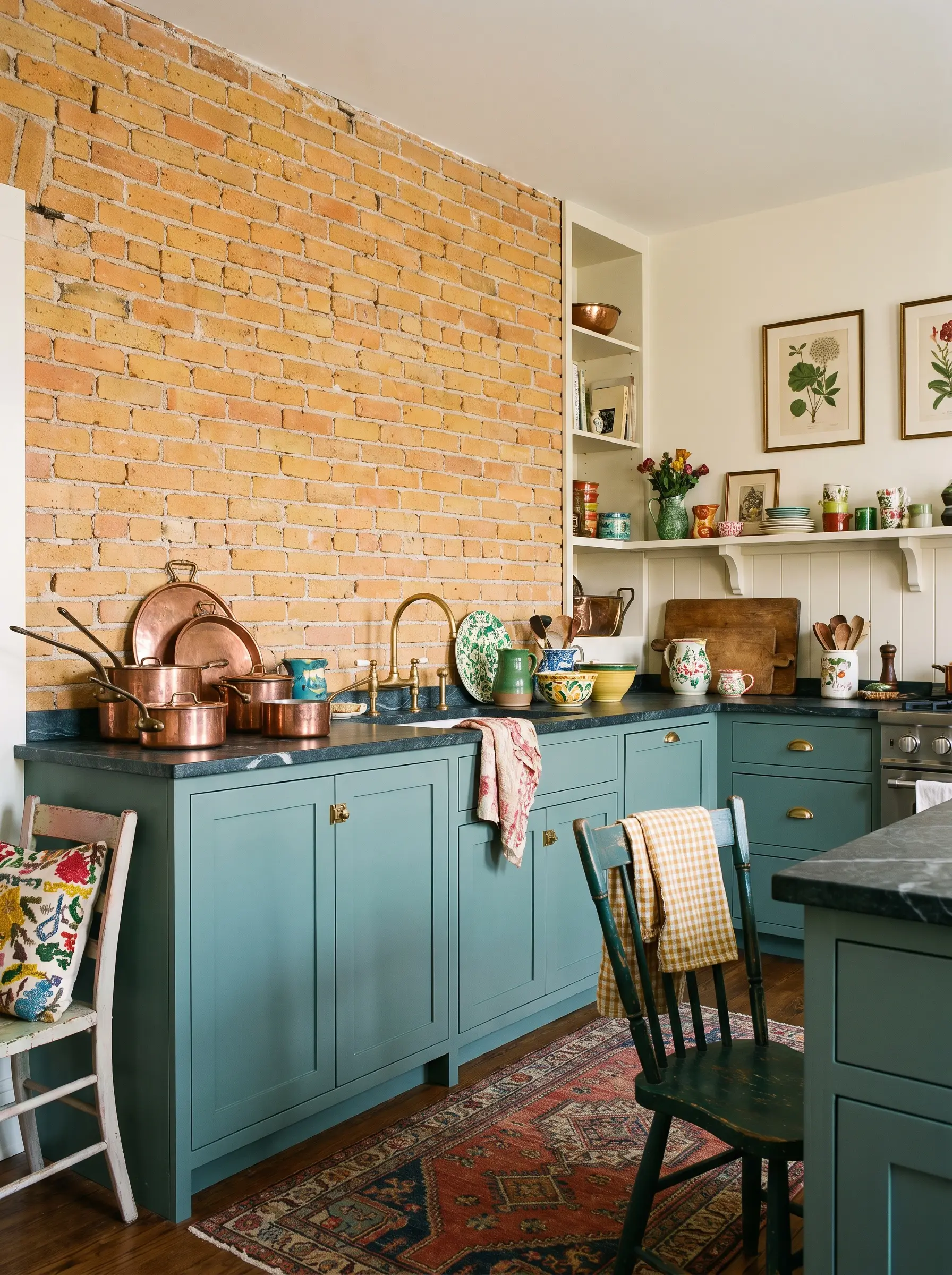 Soapstone counters and unlacquered brass hardware adorn Benjamin Moore Aegean Teal lower kitchen cabinets positioned beneath an exposed orange-yellow brick wall.