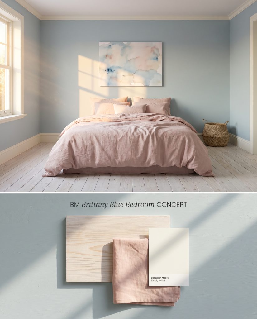 A split digital conceptual board showcasing a Benjamin Moore Brittany Blue bedroom above physical samples of whitewashed pine and blush pink linen.