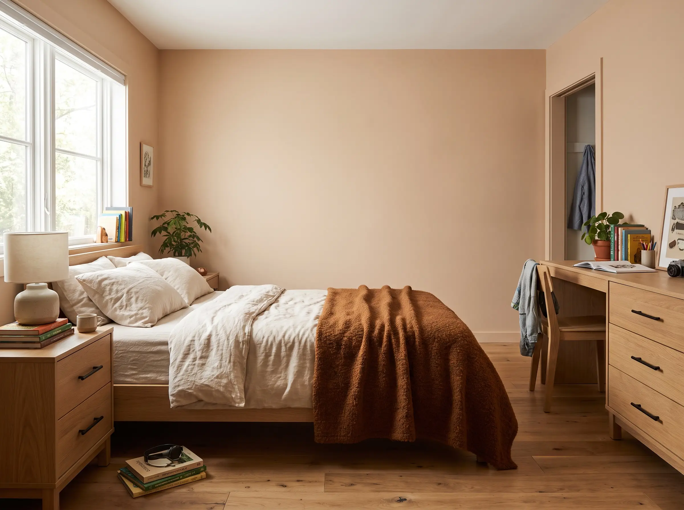 Muted terra cotta Benjamin Moore Clay Beige walls anchor paint colors for boys room alongside rift-sawn white oak furniture and organic cotton sheets.