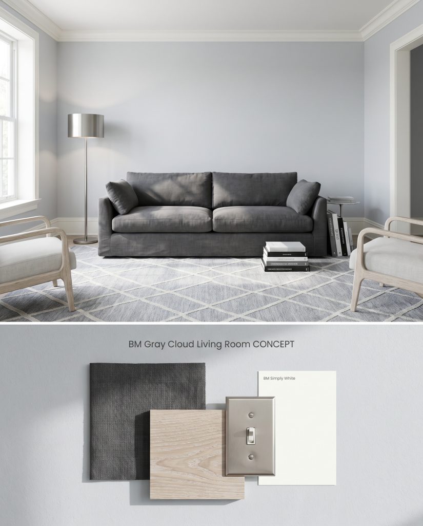 A split digital conceptual board showcasing a Benjamin Moore Gray Cloud living room above physical charcoal linen and bleached wood samples.
