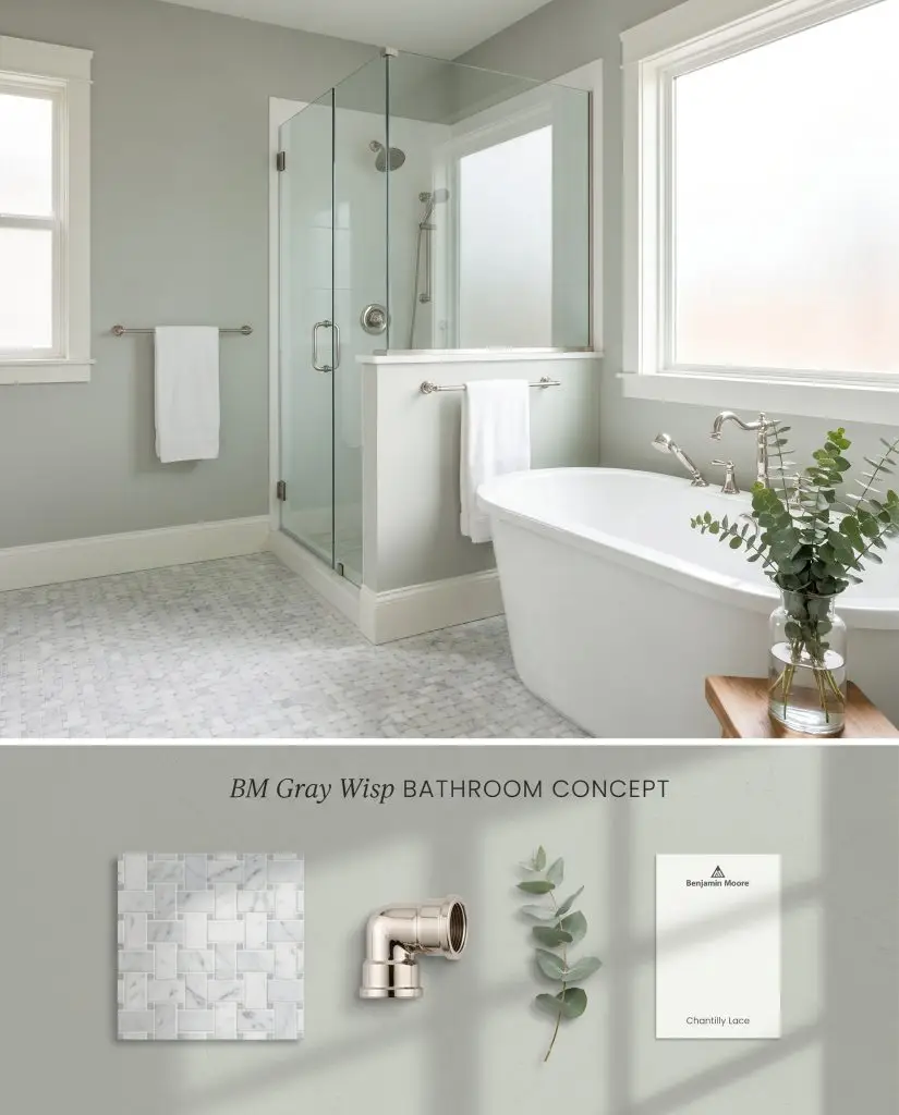 A split digital conceptual board displaying a Benjamin Moore Gray Wisp bathroom above physical Carrara marble mosaic and polished nickel samples.