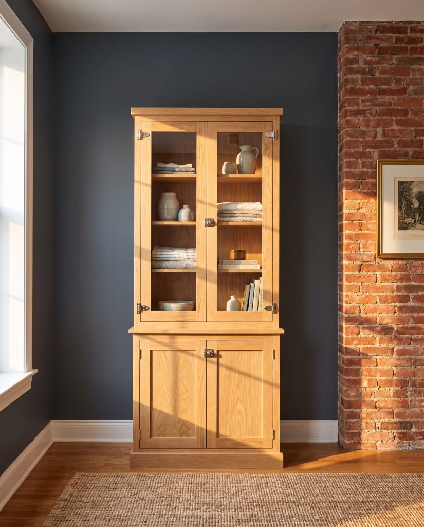 Polished nickel hardware shines on a crisp white oak cabinet positioned against Benjamin Moore Hale Navy walls and a heavily textured red brick wall.
