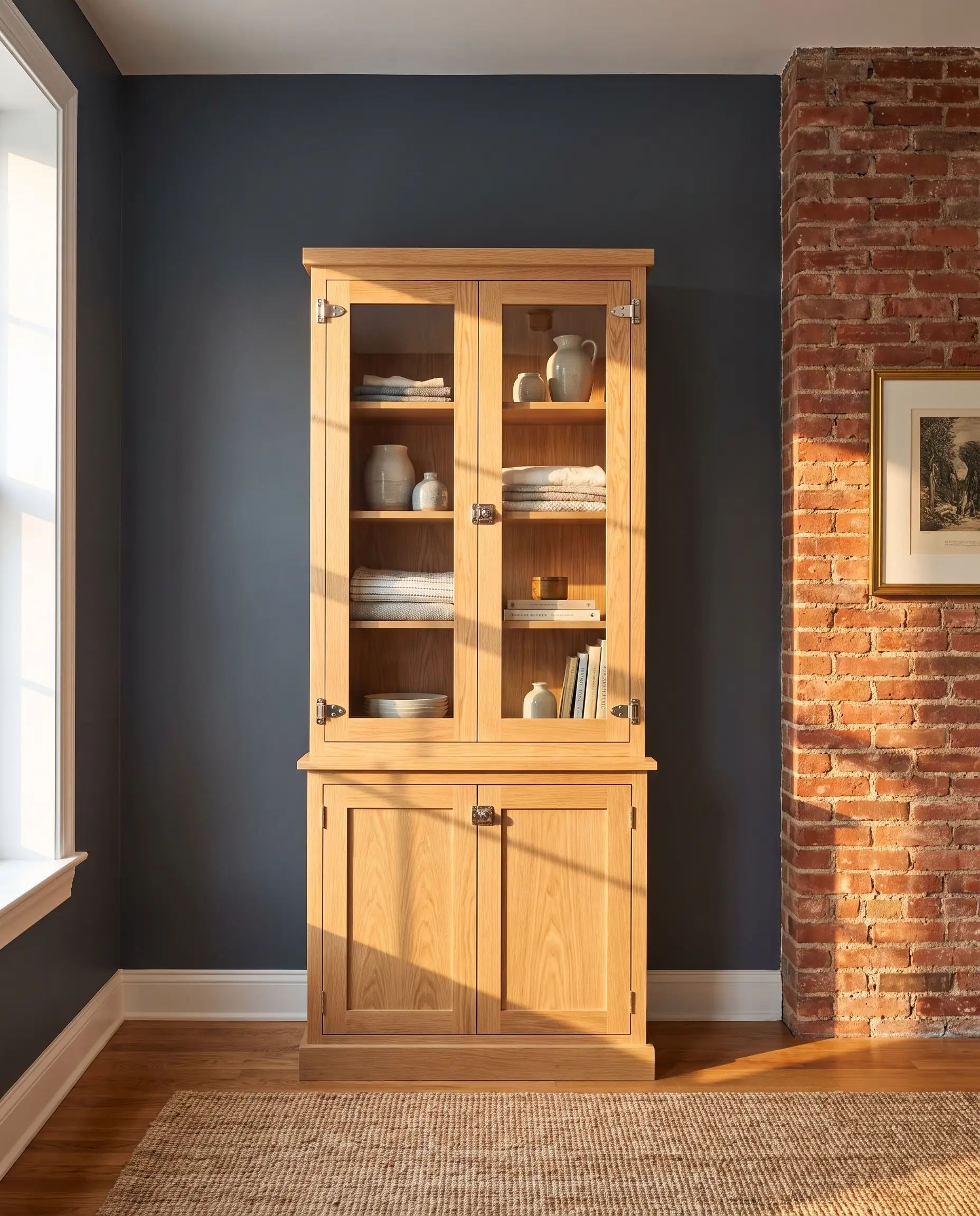 Polished nickel hardware shines on a crisp white oak cabinet positioned against Benjamin Moore Hale Navy walls and a heavily textured red brick wall.