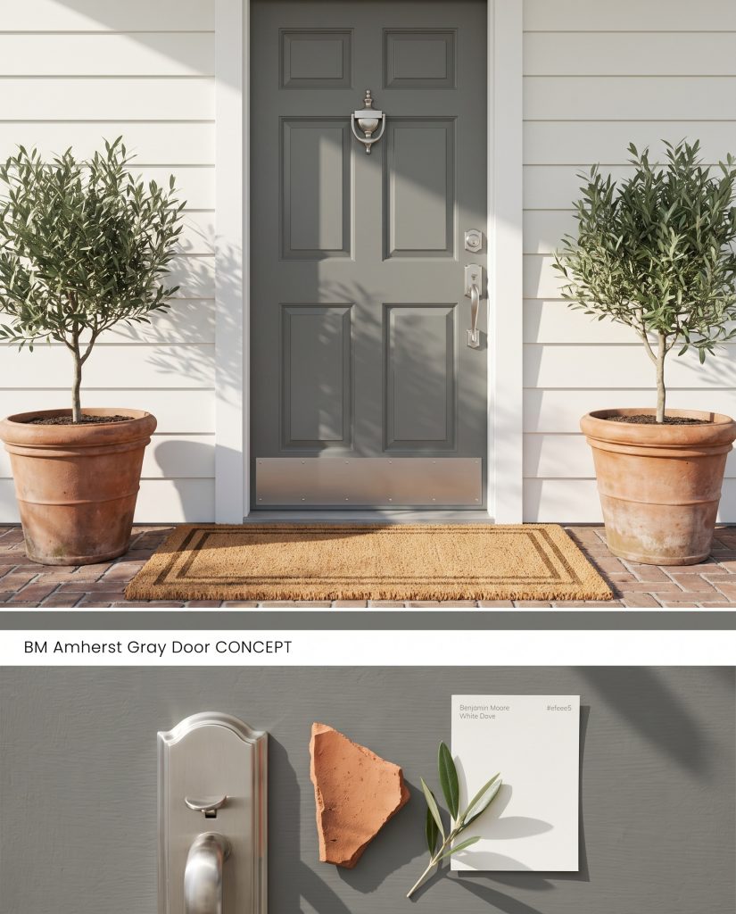 A digital visualization board split between a dark gray colonial front door and a flat-lay of brushed nickel and terracotta.
