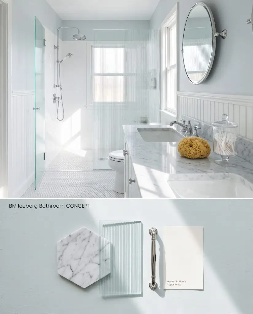 A composite conceptual board featuring a Benjamin Moore Iceberg bathroom on top and a tactile flat-lay of marble and fluted glass below.