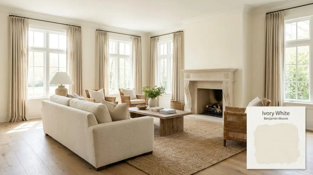 A carved limestone fireplace and textured cream sofa sit in a bright living room painted in Benjamin Moore Ivory White (Hex #F2EFDF).