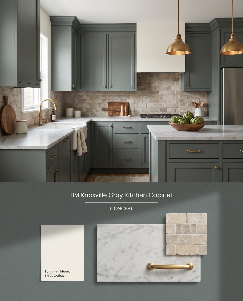 A split concept board showing Benjamin Moore Knoxville Gray shaker cabinets on top and tactile marble, tumbled stone, and brass below.