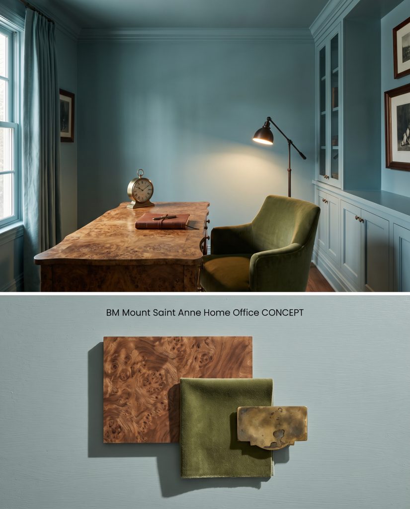 A split digital conceptual board presenting a Benjamin Moore Mount Saint Anne color-drenched office above burl wood and olive green velvet samples.