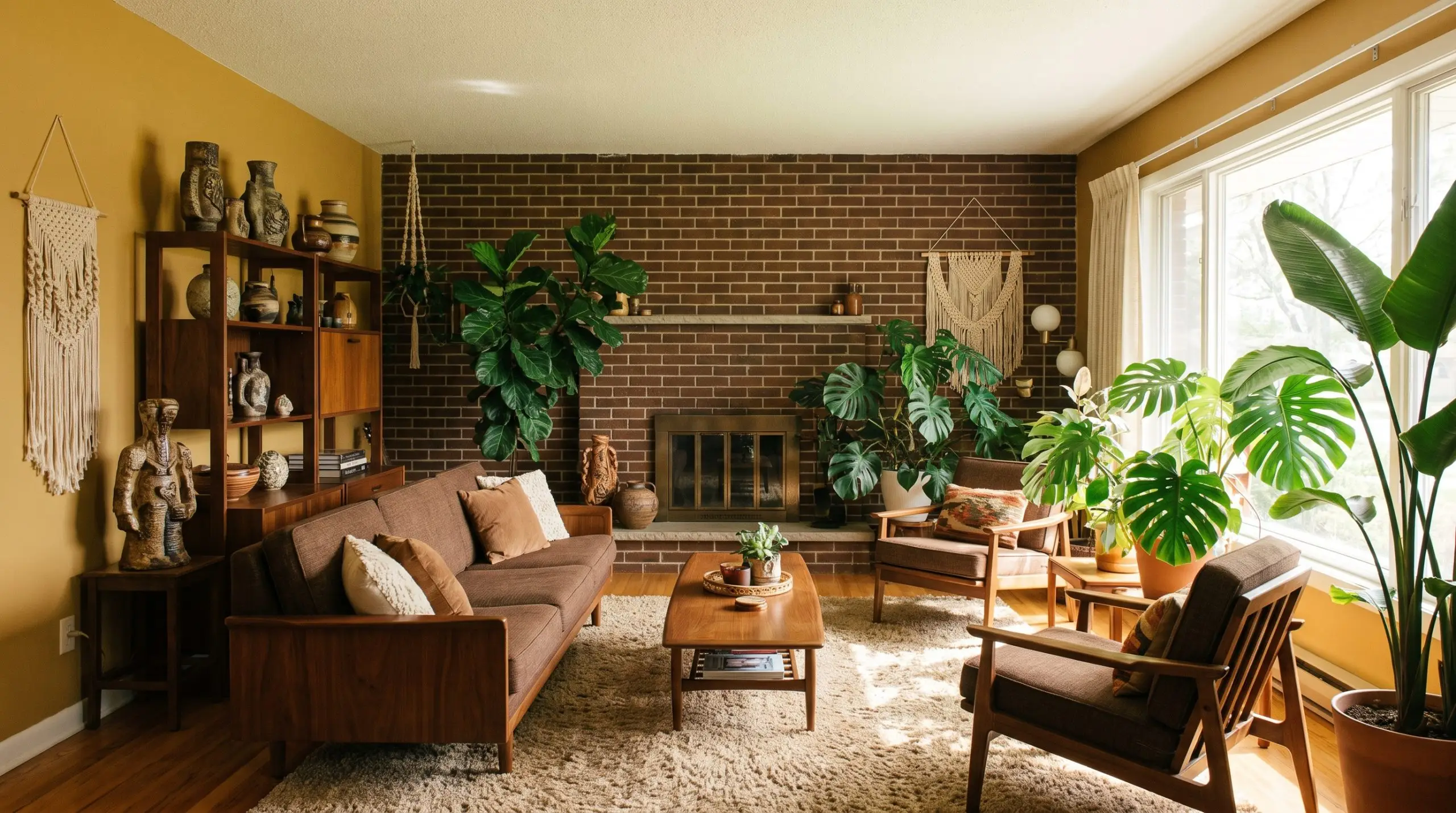 Walnut mid-century modern furniture and massive indoor plants fill a 1970s revival living room featuring Benjamin Moore Mustard Seed walls and brown-leaning red brick.